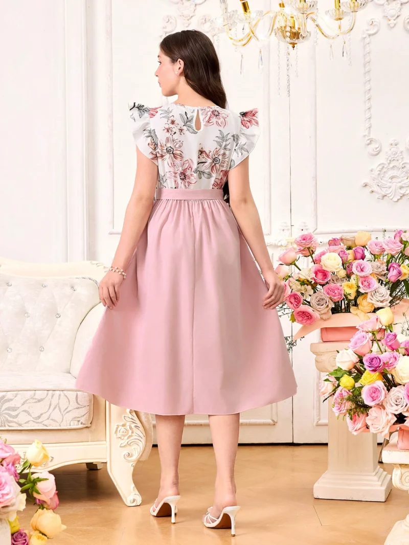 Vestido Elegante Rosa Para Niña Con Estampado Floral - Imagen 2