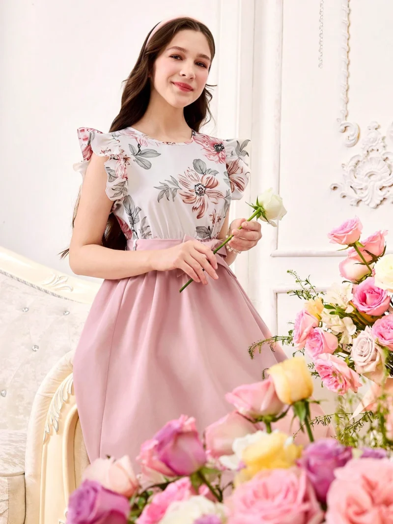 Vestido Elegante Rosa Para Niña Con Estampado Floral - Imagen 3