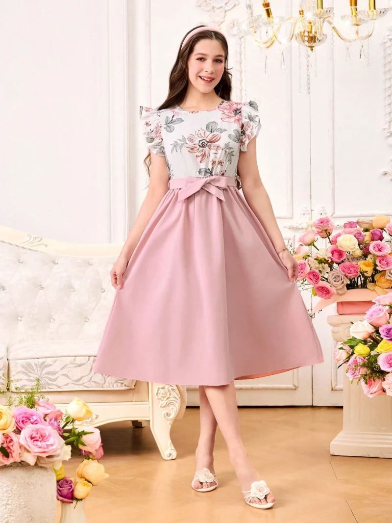 Vestido Elegante Rosa Para Niña Con Estampado Floral