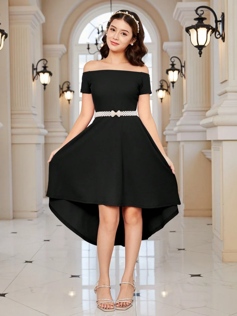 Vestido Negro Elegante Para Niña Con Hombros Descubiertos - Imagen 4
