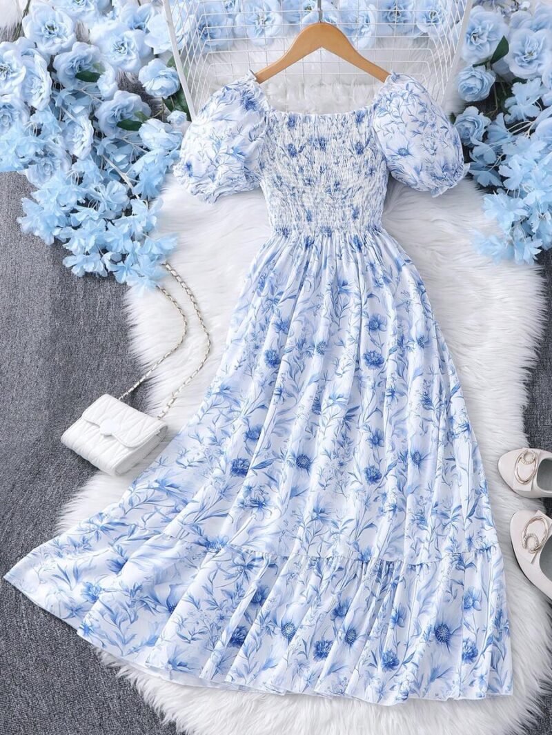 Vestido Celeste Floral Con Manga Farol Para Niña - Imagen 2