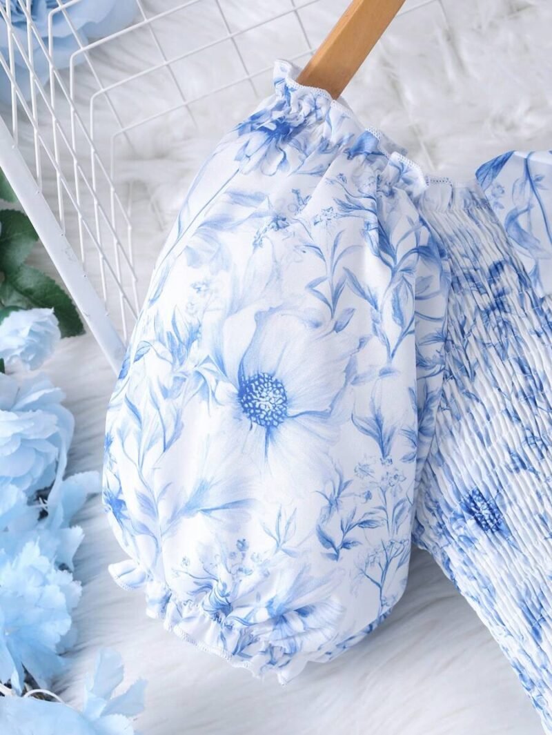 Vestido Celeste Floral Con Manga Farol Para Niña - Imagen 3