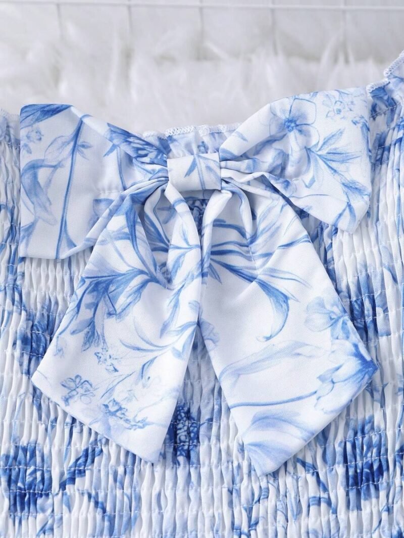 Vestido Celeste Floral Con Manga Farol Para Niña - Imagen 4