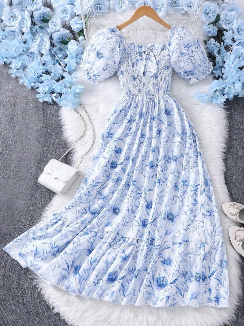 Vestido Celeste Floral Con Manga Farol Para Niña