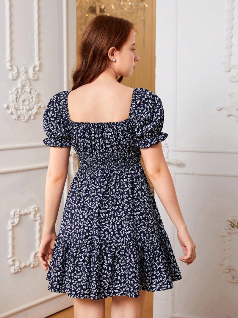 Vestido Floral Azul Marino Para Niña Con Escote Cuadrado Y Manga Farol - Imagen 4