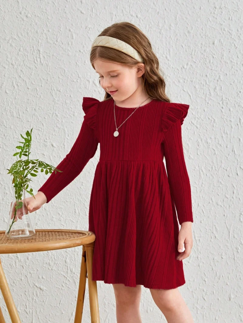 Vestido Rojo Elegante Para Niña Con Volantes Y Manga Larga - Imagen 3