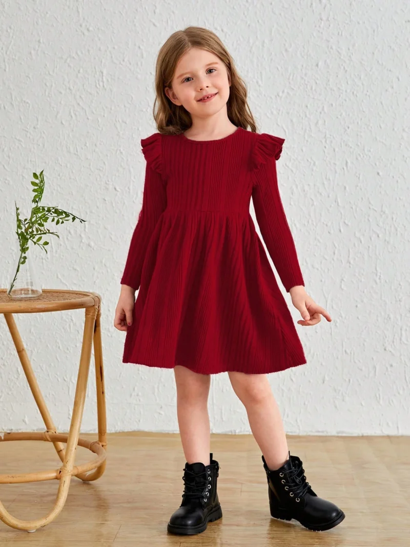 Vestido Rojo Elegante Para Niña Con Volantes Y Manga Larga