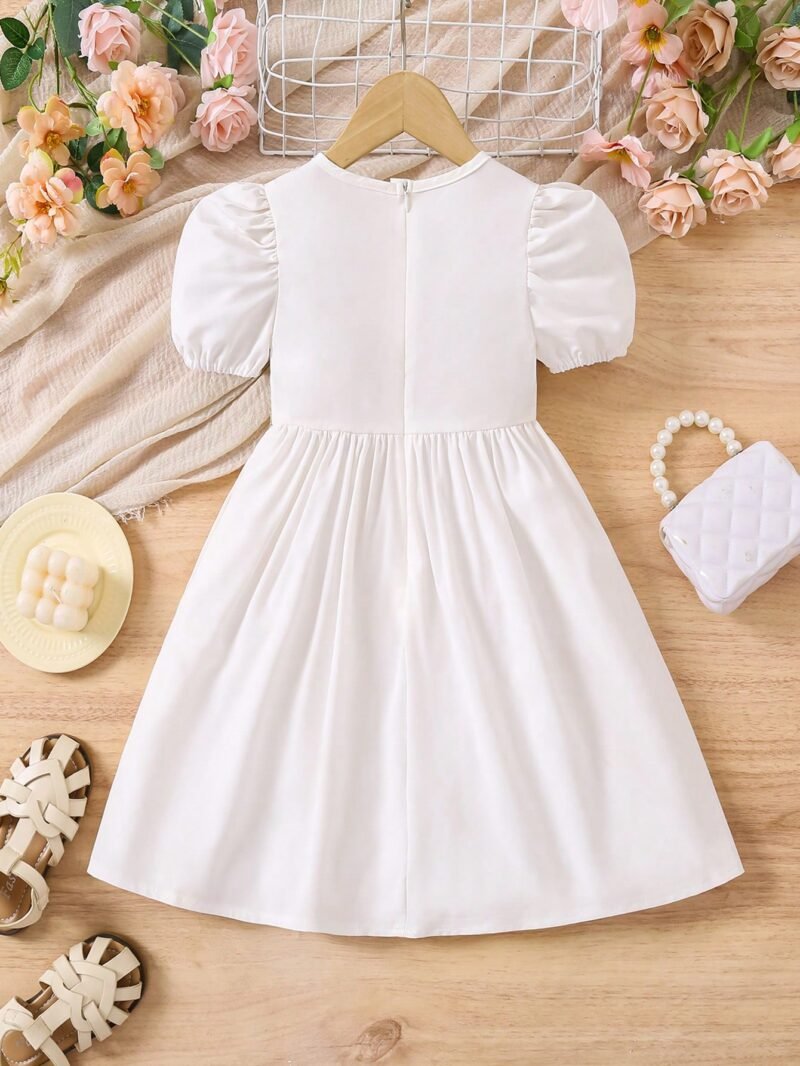 Vestido Blanco Con Manga Farol Y Encaje Dorado Para Niña - Imagen 2