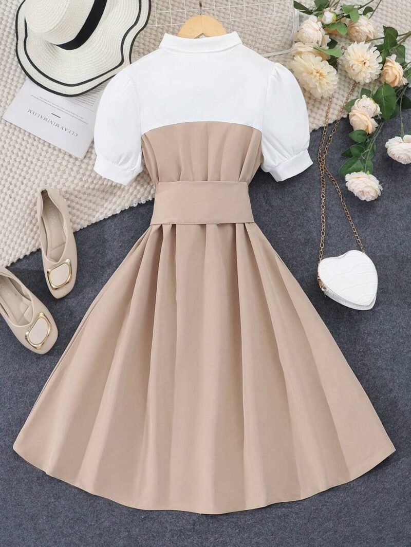 Vestido Camisero Caqui Para Niña Con Botones Y Cinturón - Imagen 2