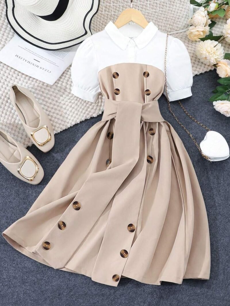 Vestido Camisero Caqui Para Niña Con Botones Y Cinturón