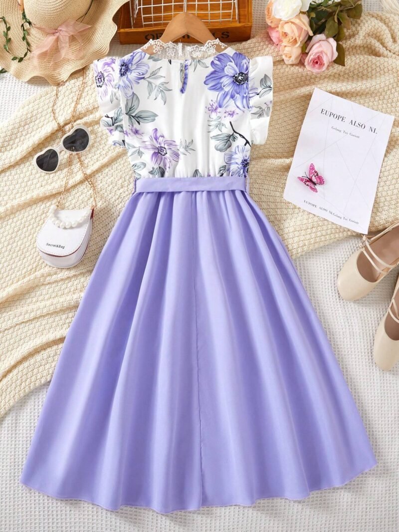 Vestido Floral Morado Para Niña Con Cuello Encaje - Imagen 2