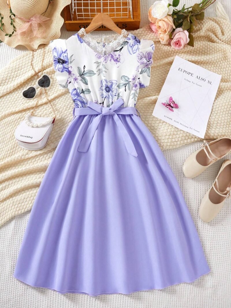Vestido Floral Morado Para Niña Con Cuello Encaje