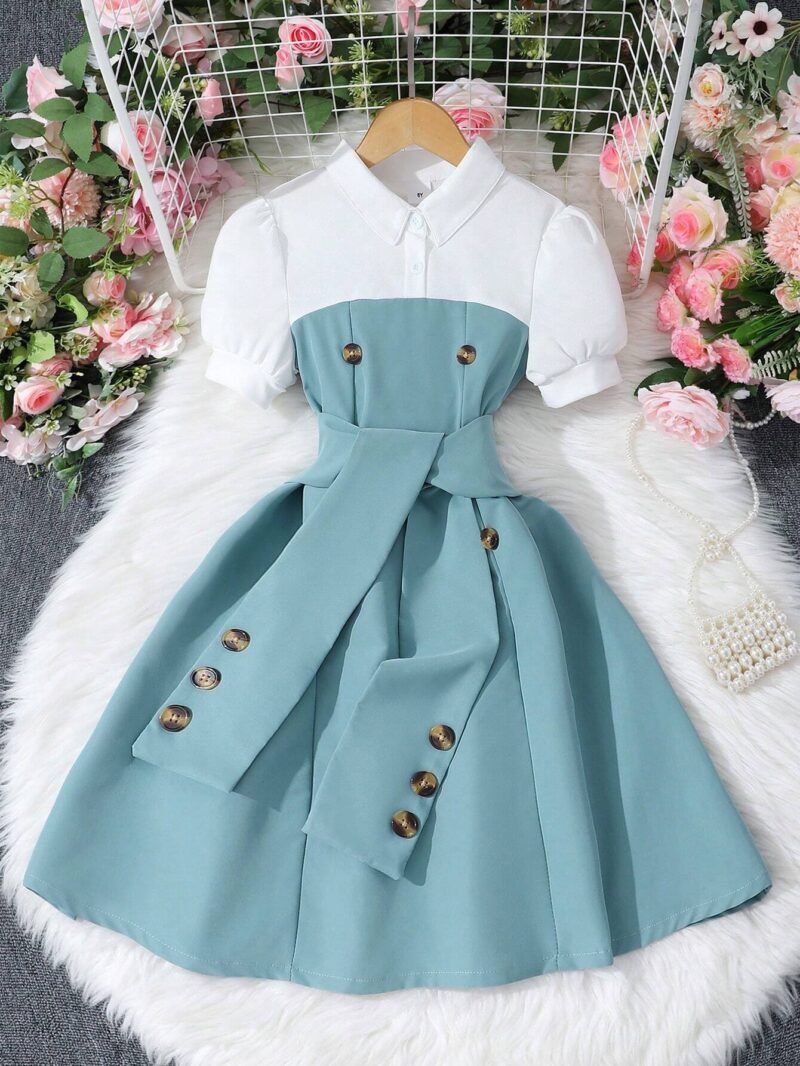 Vestido Verde Tipo Camisa Con Botones Para Niña