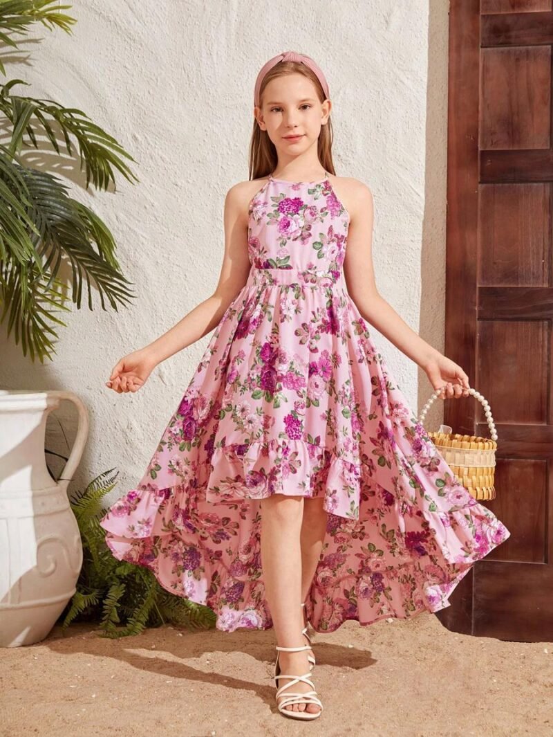 Vestido Floral Rosa Asimétrico Con Escote Halter Para Niña - Imagen 2