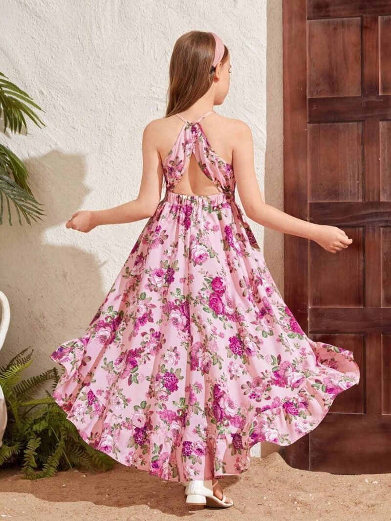 Vestido Floral Rosa Asimétrico Con Escote Halter Para Niña - Imagen 3