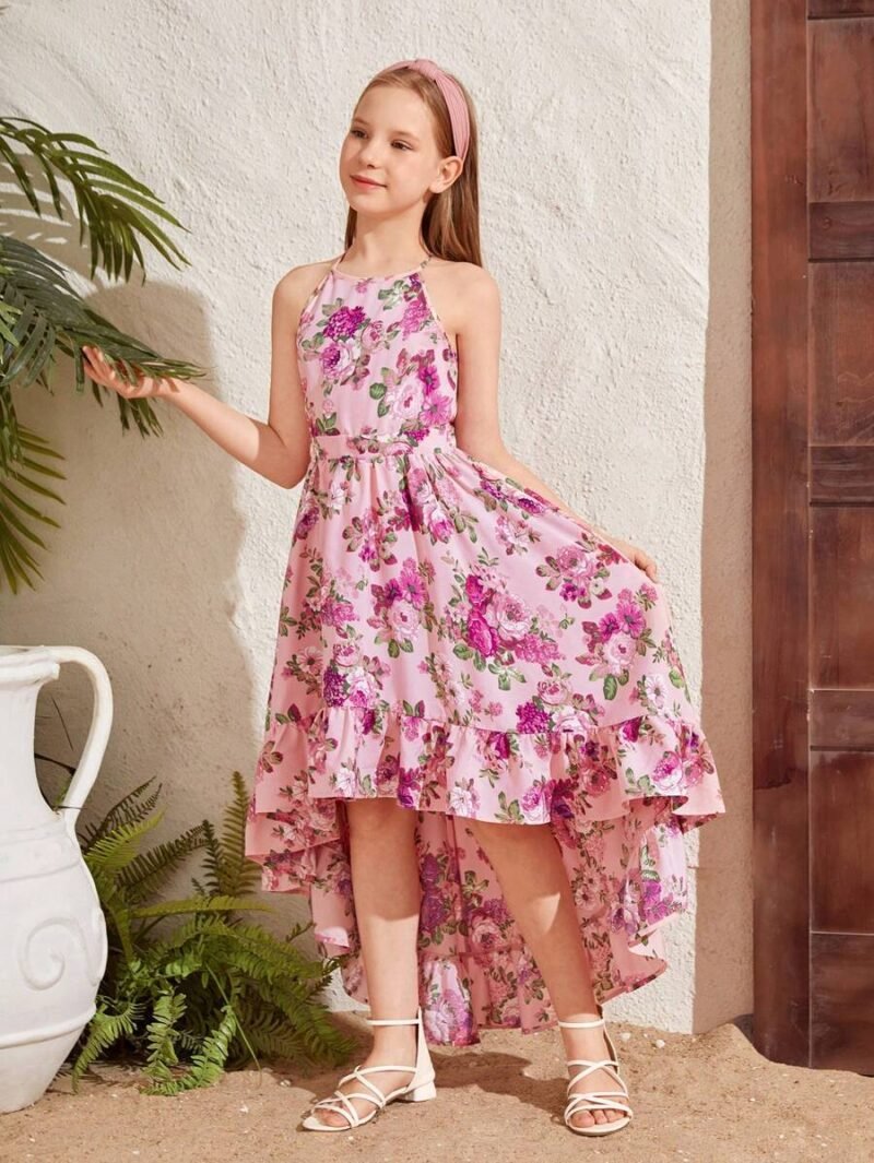 Vestido Floral Rosa Asimétrico Con Escote Halter Para Niña - Imagen 4