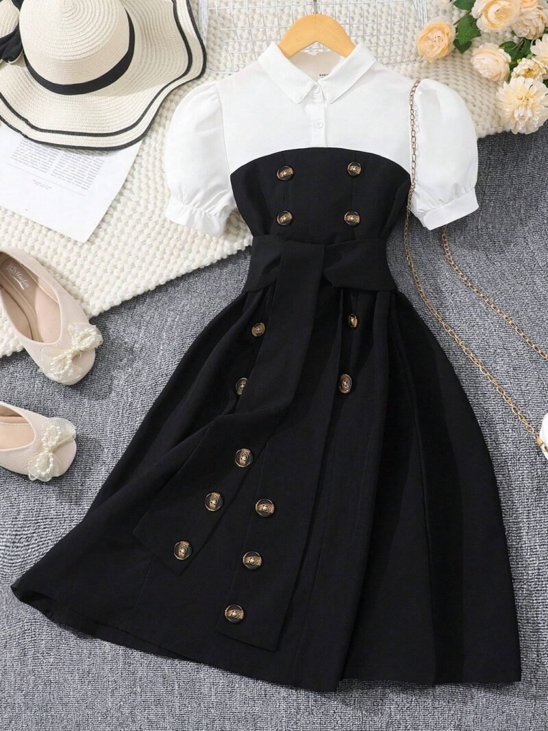 Vestido Camisero Negro Para Niña Con Botones Y Cinturón