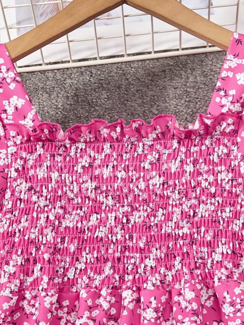 Vestido Floral Rosa Fucsia Para Niña Con Manga Farol Y Volantes Dulces - Imagen 3