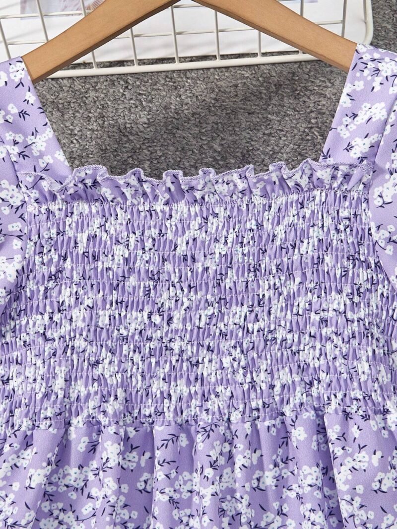 Vestido Floral Morado Para Niña Con Volantes Y Manga Farol - Imagen 3