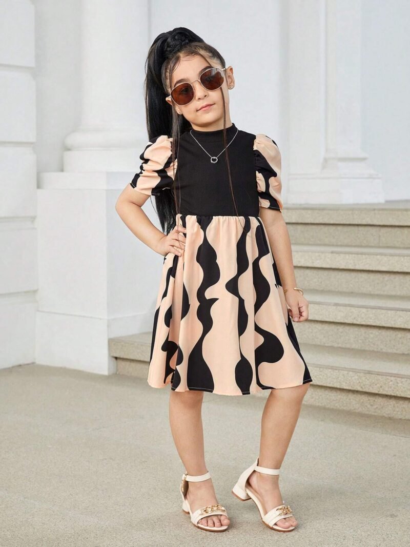 Vestido Negro Con Estampado Gráfico Para Niña Con Manga Farol - Imagen 3