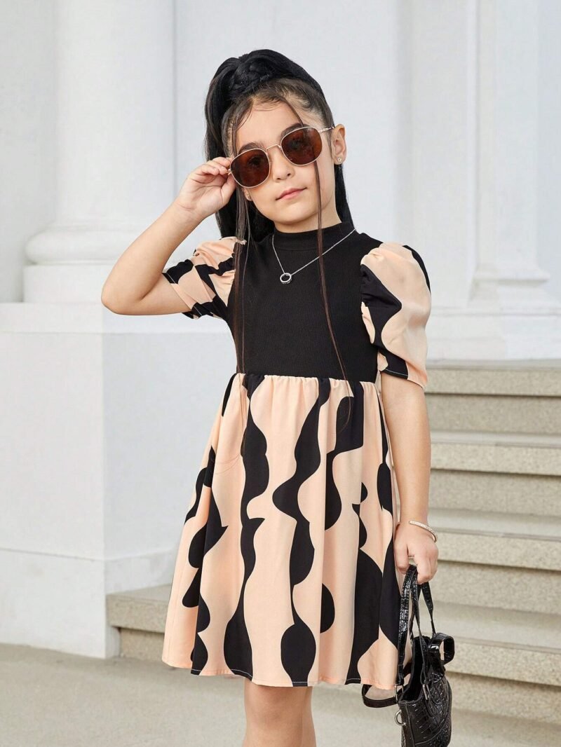 Vestido Negro Con Estampado Gráfico Para Niña Con Manga Farol - Imagen 4