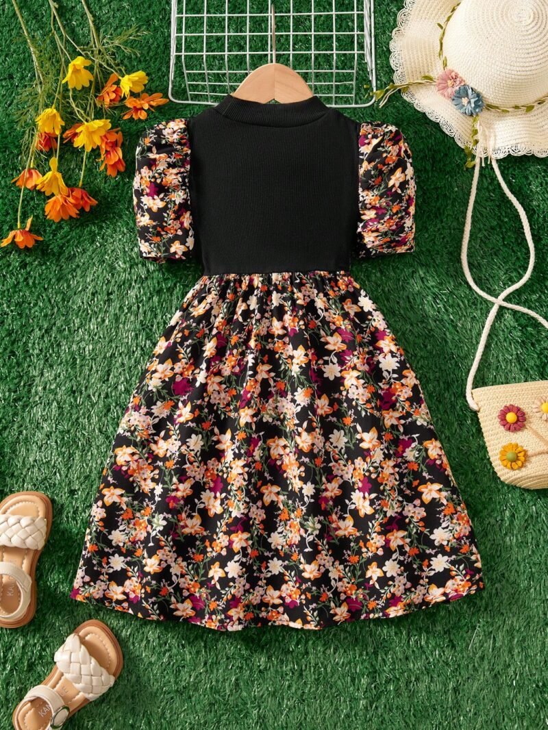 Vestido Floral Rojo Elegante Para Niña Con Mangas Farol - Imagen 2