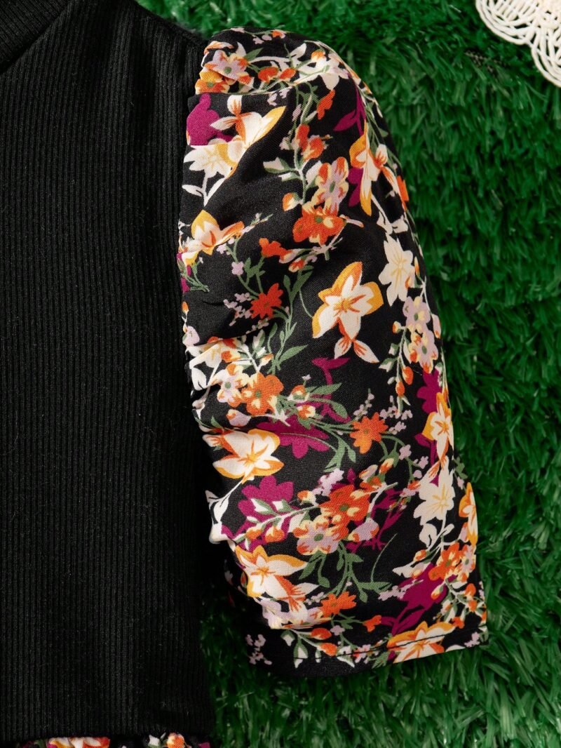 Vestido Floral Rojo Elegante Para Niña Con Mangas Farol - Imagen 3