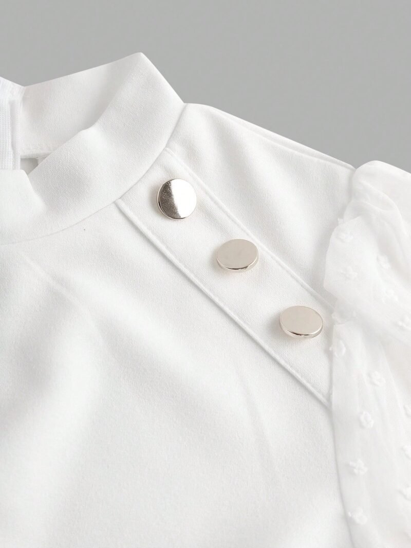 Vestido Blanco Elegante Con Manga Larga Y Cuello Alzado Para Niña - Imagen 3