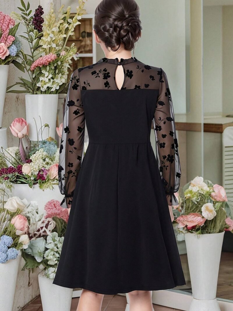 Vestido Negro Elegante Con Manga Larga De Gasa Para Niña - Imagen 2