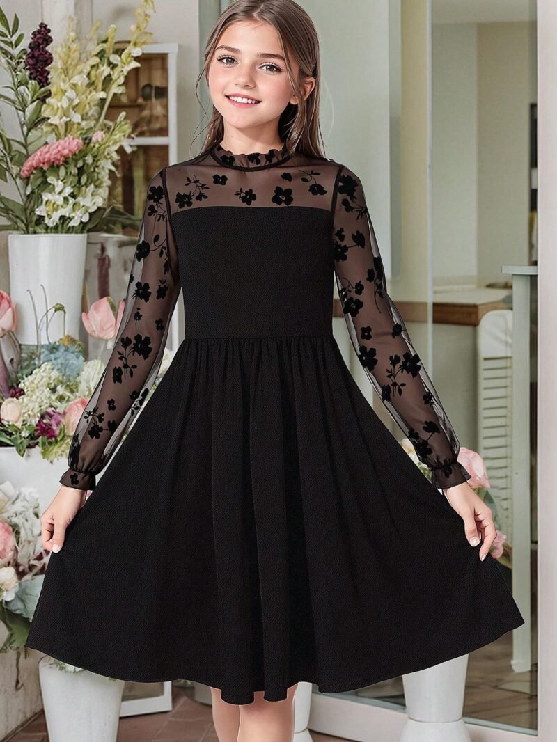 Vestido Negro Elegante Con Manga Larga De Gasa Para Niña