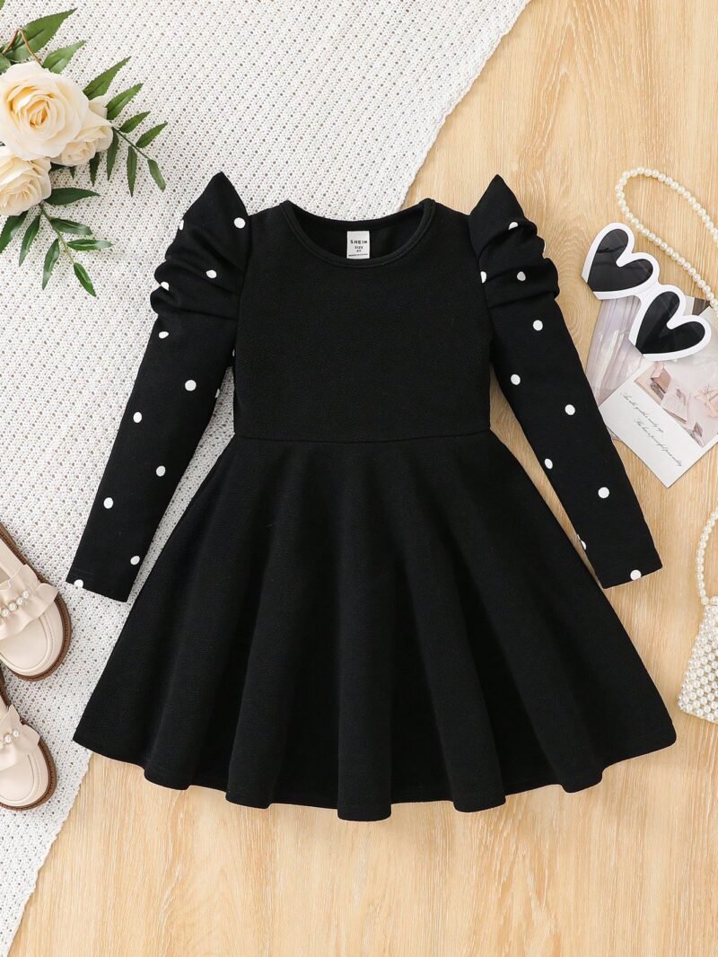 Vestido Negro Elegante Para Niña Con Mangas Largas Con Lunares