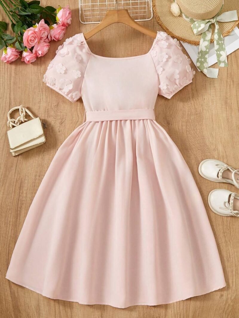 Vestido Rosa Elegante Con Manga Farol Y Cinturón Para Niña - Imagen 2