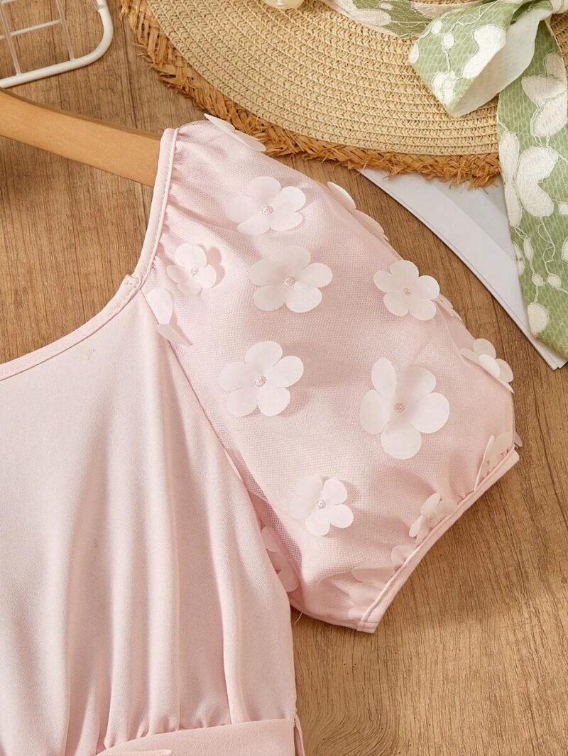 Vestido Rosa Elegante Con Manga Farol Y Cinturón Para Niña - Imagen 4