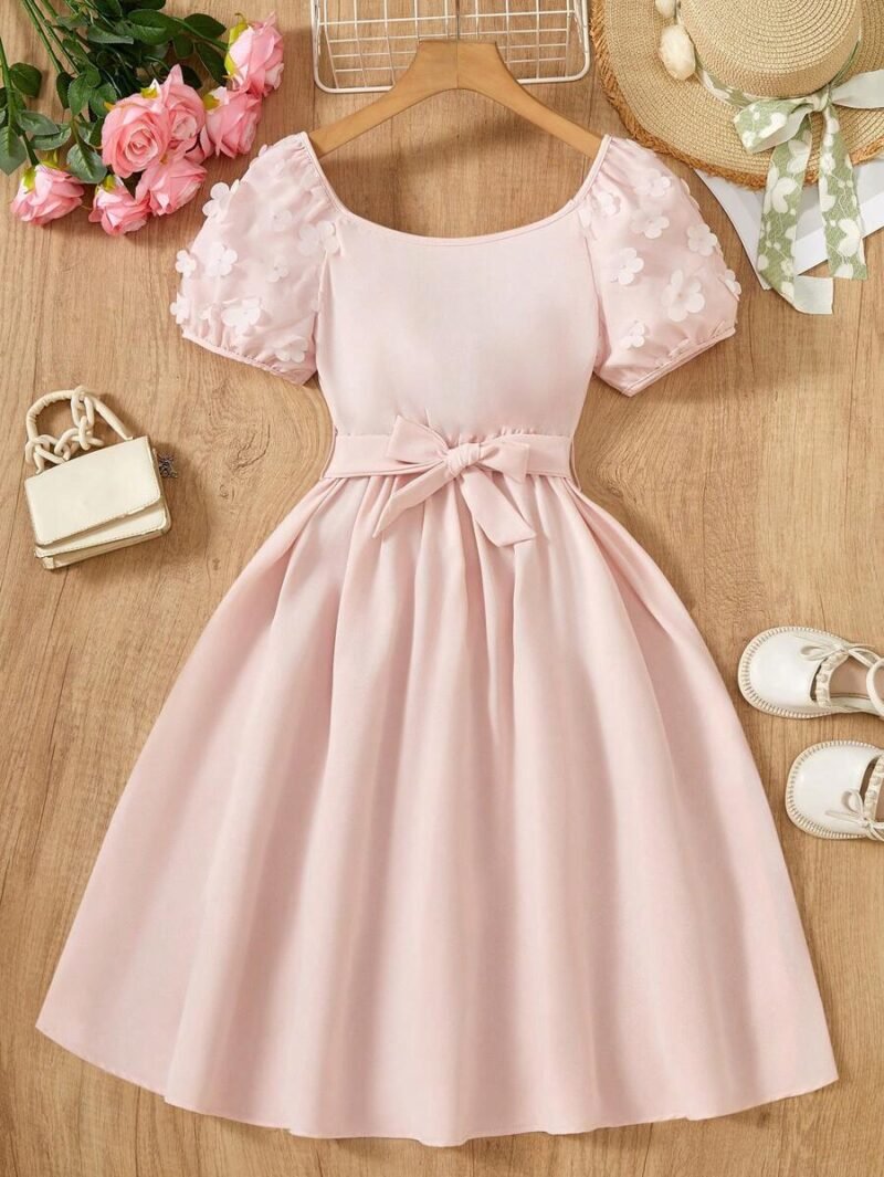 Vestido Rosa Elegante Con Manga Farol Y Cinturón Para Niña