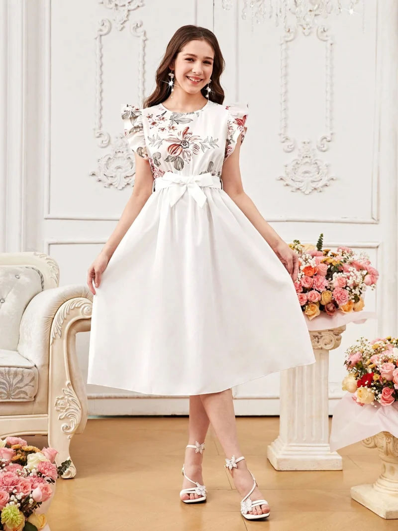 Vestido Elegante Blanco Con Flores Para Niña Y Cinturón De Lazo - Imagen 4