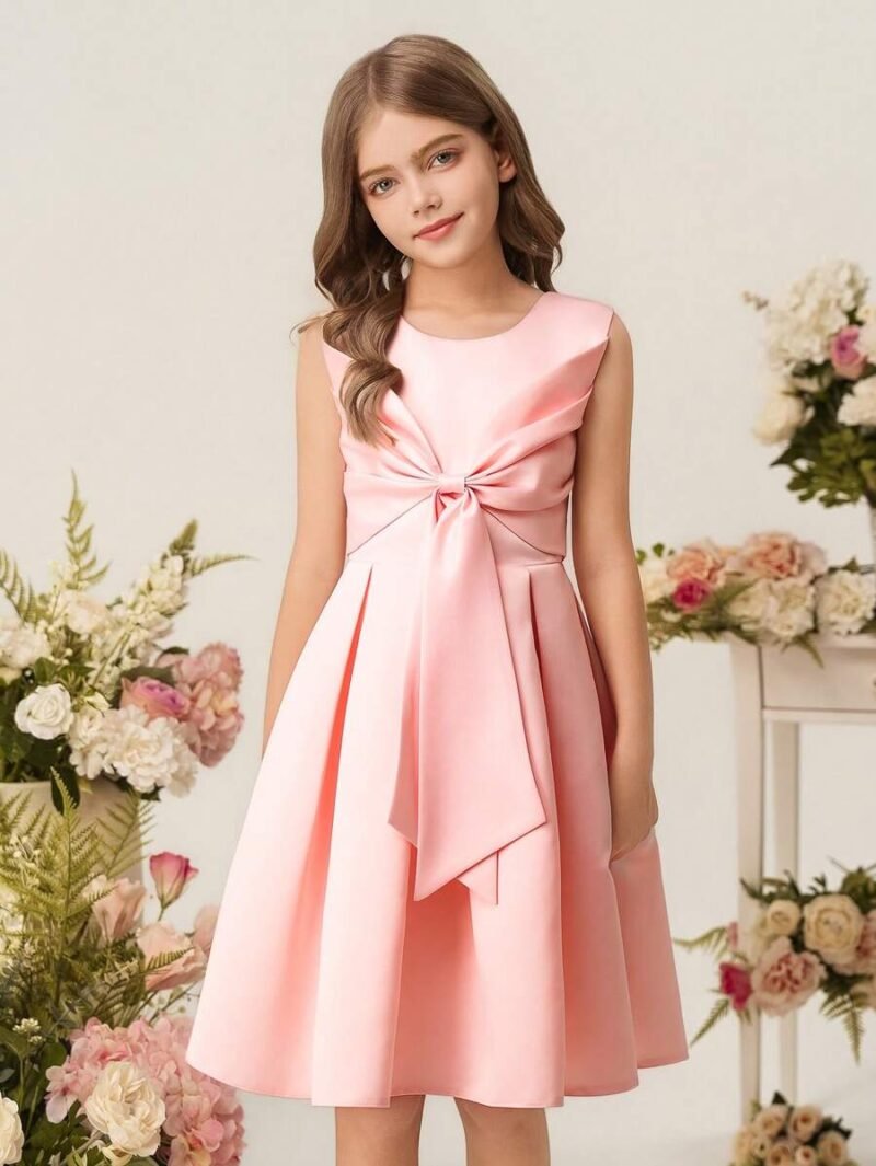 Vestido Elegante Rosa Para Niña Con Lazo Delantero - Imagen 3