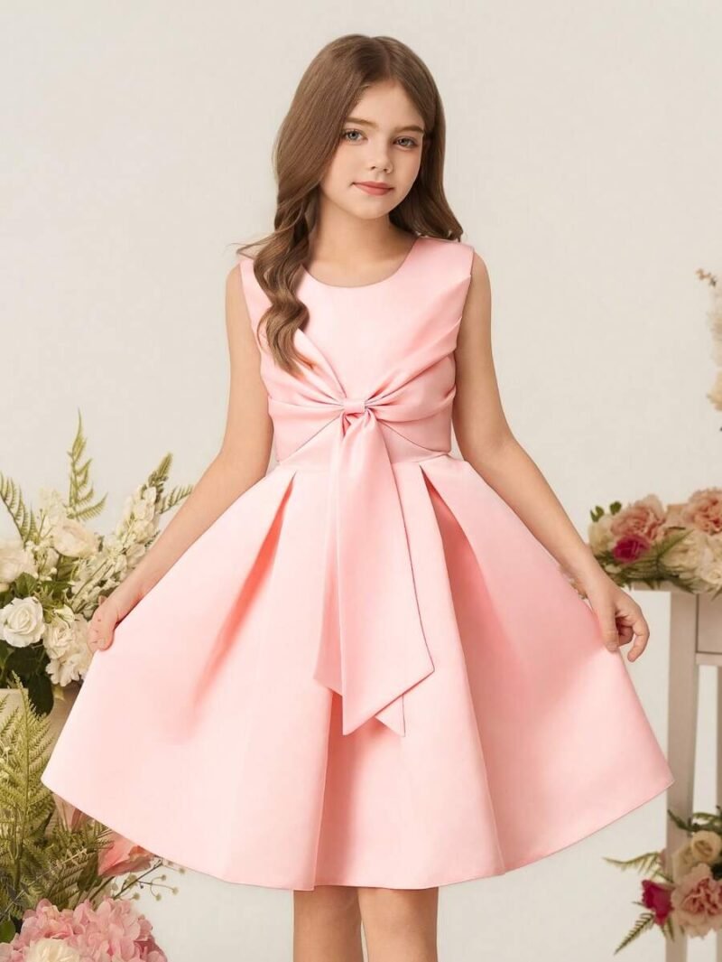 Vestido Elegante Rosa Para Niña Con Lazo Delantero - Imagen 4