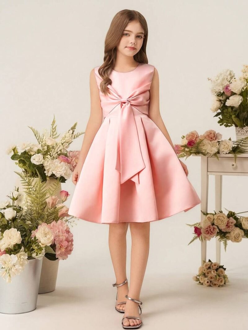 Vestido Elegante Rosa Para Niña Con Lazo Delantero