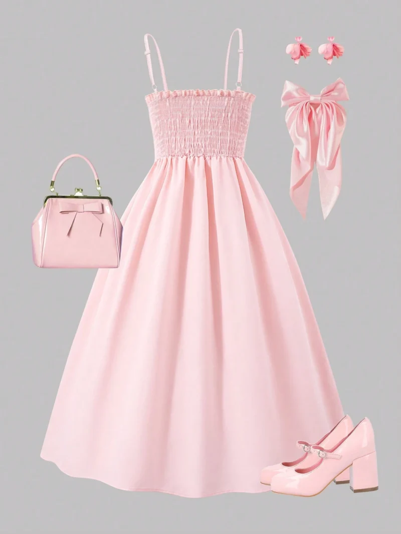 Vestido Rosa Largo Elegante Sin Mangas Con Moños Para Niña - Imagen 2