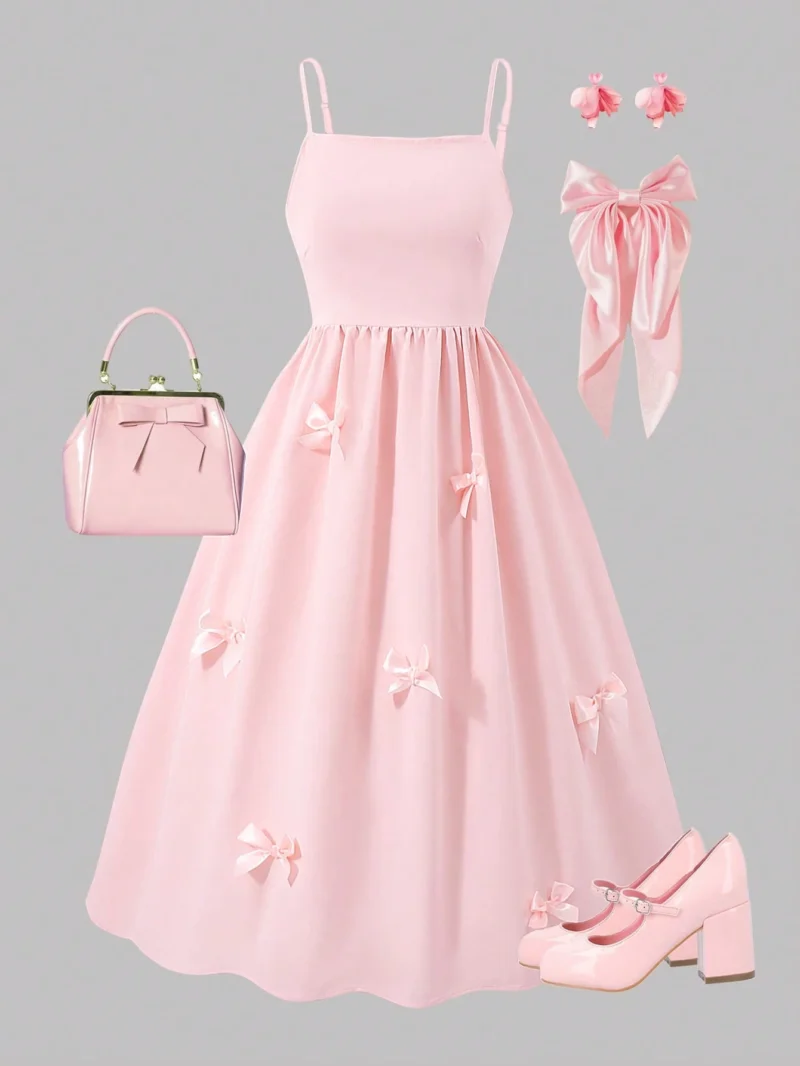Vestido Rosa Largo Elegante Sin Mangas Con Moños Para Niña