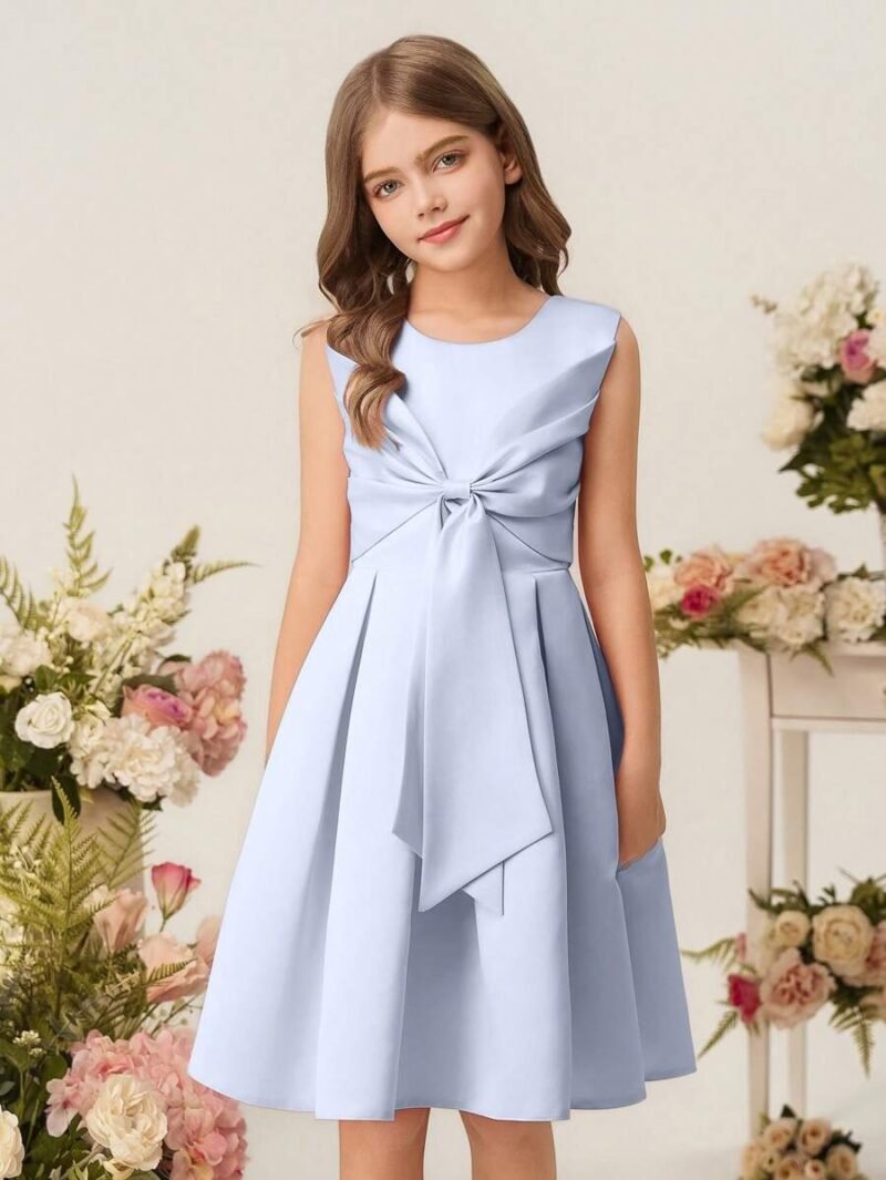 Vestido Elegante Azul Para Niña Con Lazo Delantero - Imagen 2