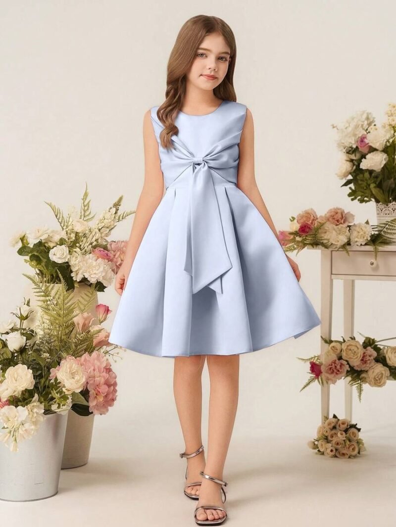 Vestido Elegante Azul Para Niña Con Lazo Delantero