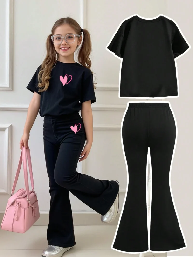 Conjunto Negro Para Niña Con Corazones Rosados Y Pantalón Acampanado - Imagen 2