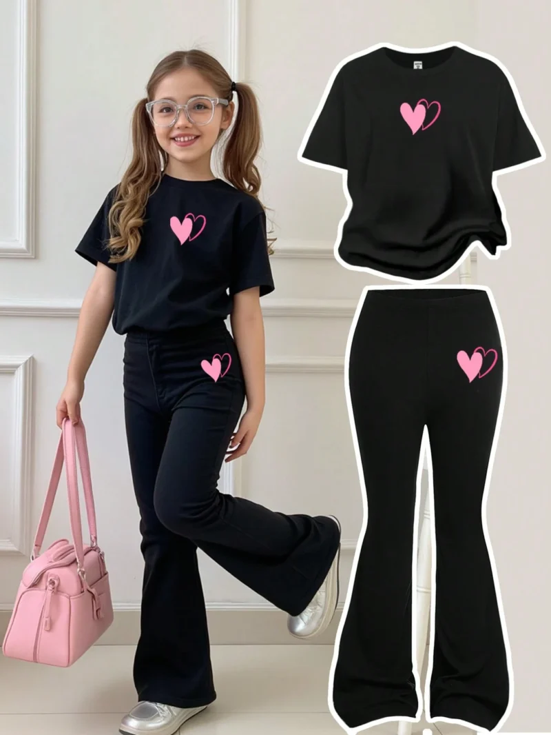 Conjunto Negro Para Niña Con Corazones Rosados Y Pantalón Acampanado