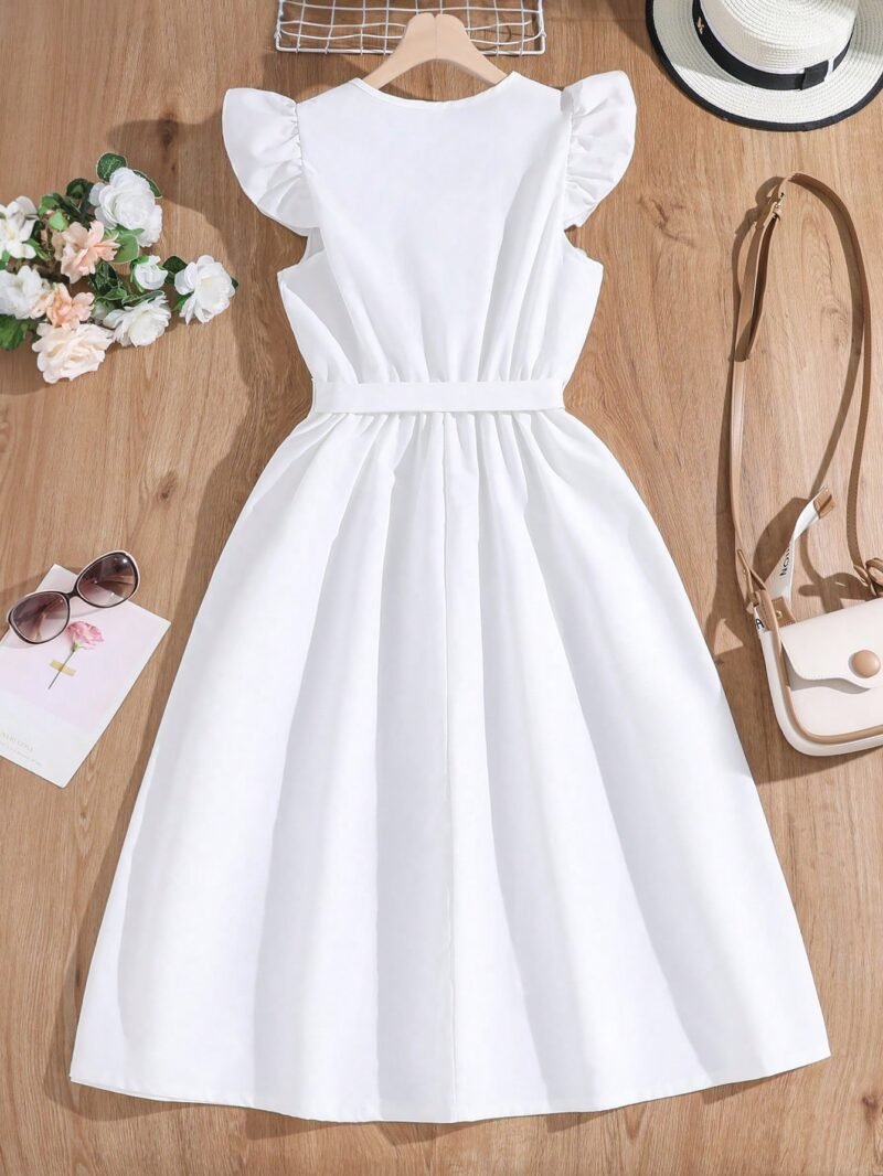 Vestido Blanco Para Niña A Línea Con Volantes Y Botones Delanteros - Imagen 2