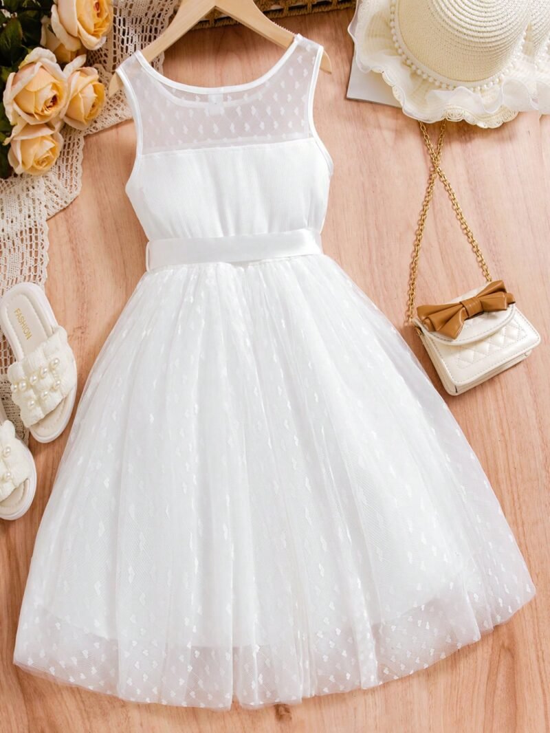 Vestido Blanco Para Niña Con Corazones De Tul Bordado Y Lazo De Satén - Imagen 2