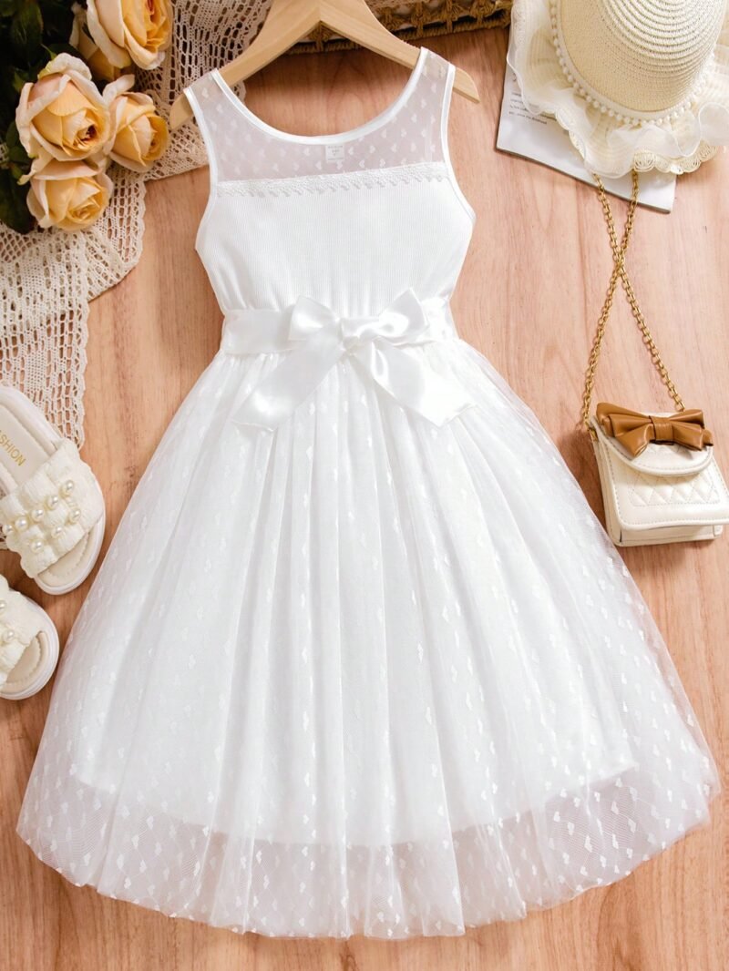 Vestido Blanco Para Niña Con Corazones De Tul Bordado Y Lazo De Satén