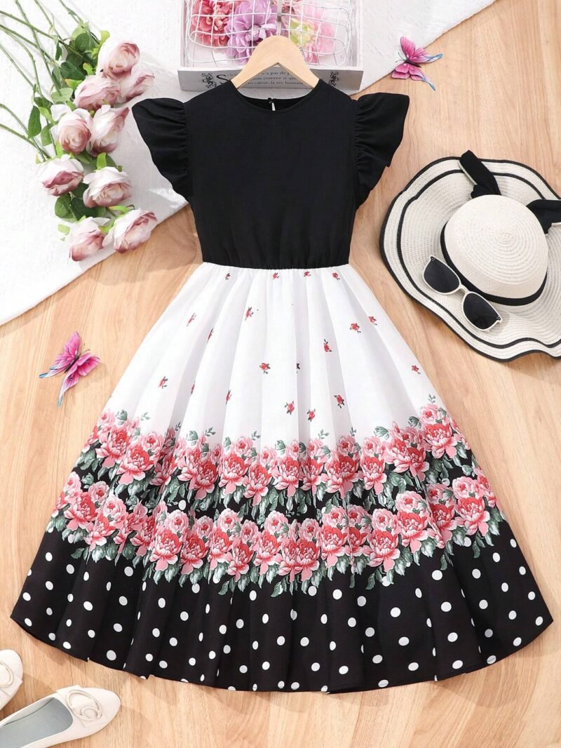 Vestido Multicolor Con Flores Y Lunares Para Niña
