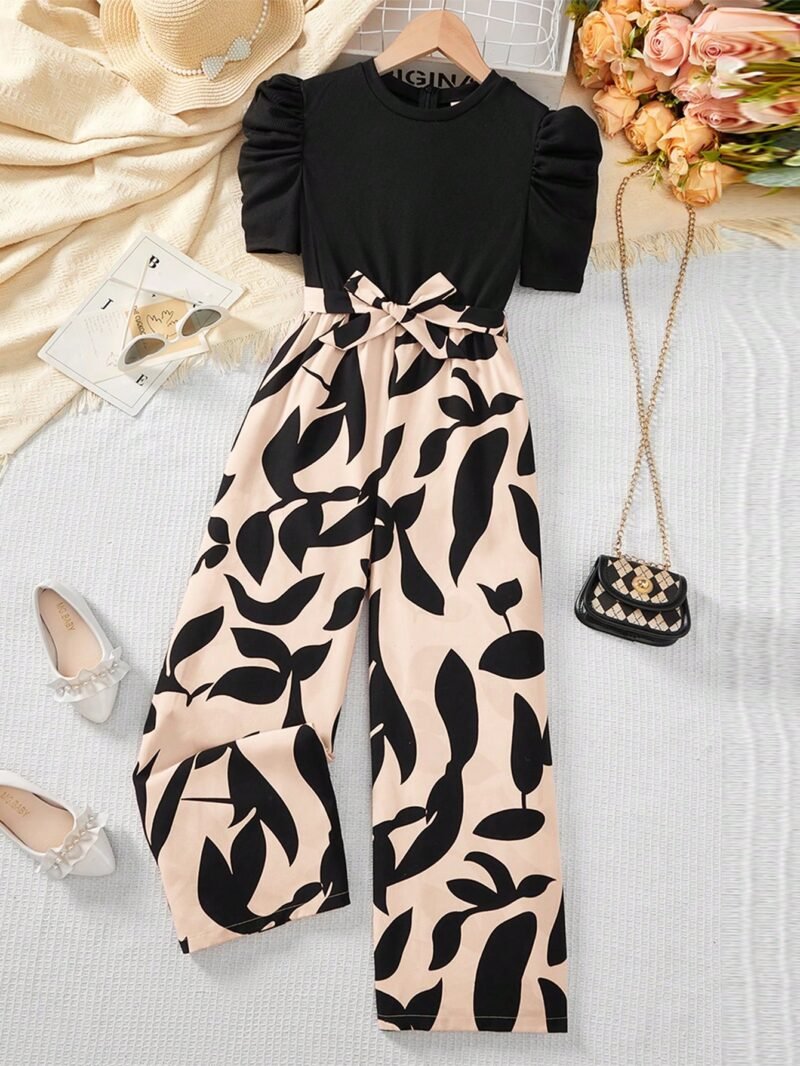 Conjunto Albaricoque Con Manga Farol Y Estampado De Hojas Para Niña - Imagen 2
