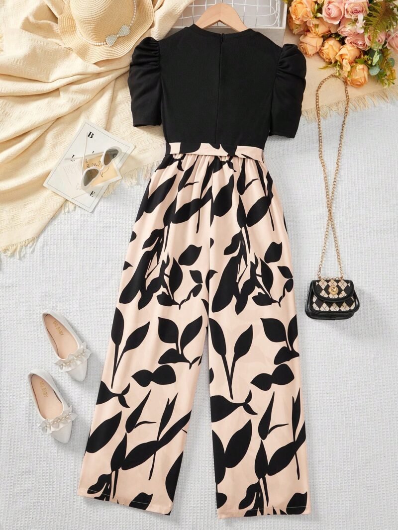 Conjunto Albaricoque Con Manga Farol Y Estampado De Hojas Para Niña - Imagen 3